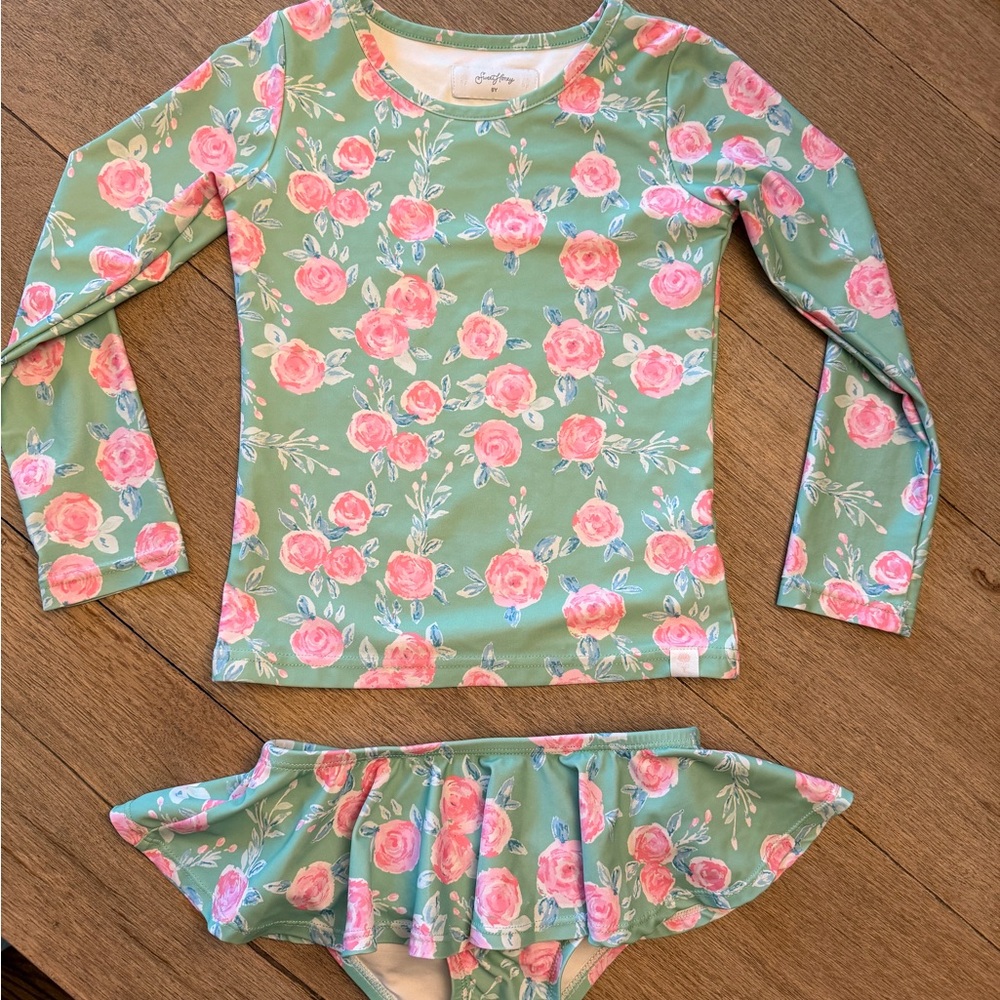 SweetHoney Floral Kids Rashguard Set - Green and Pink